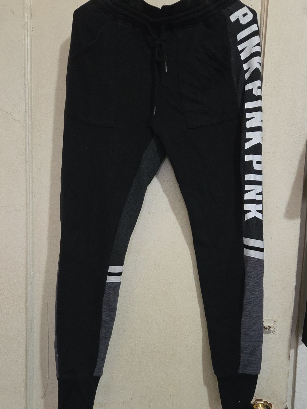 PINK Victoria's Secret Black & Gray Colorblock Joggers with White Logo